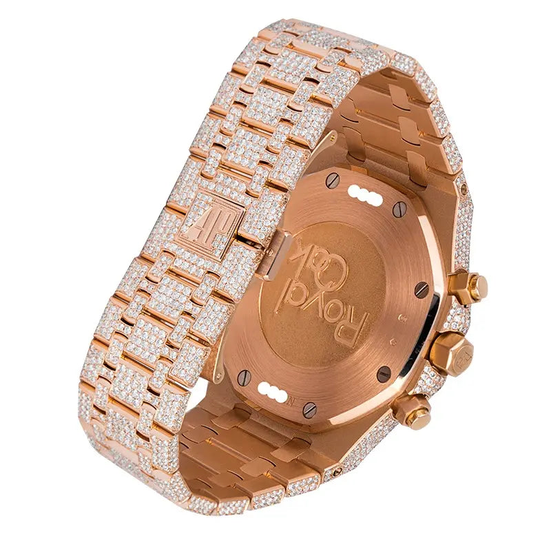 Back case view of AP Royal Oak Chronograph Rose Gold Custom Diamond Set