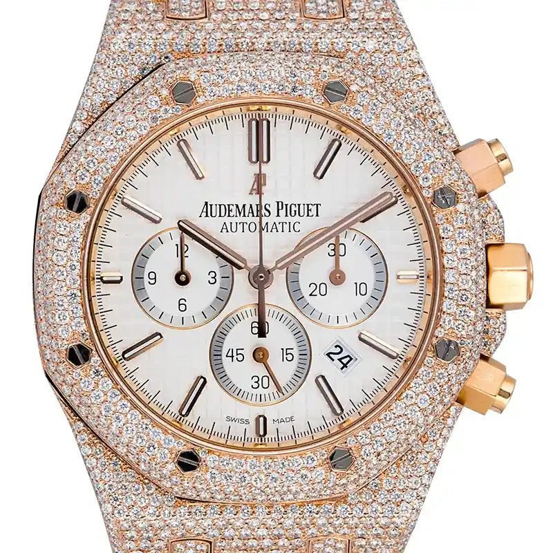AP Royal Oak Chronograph Rose Gold Custom Diamond Set with White Dial