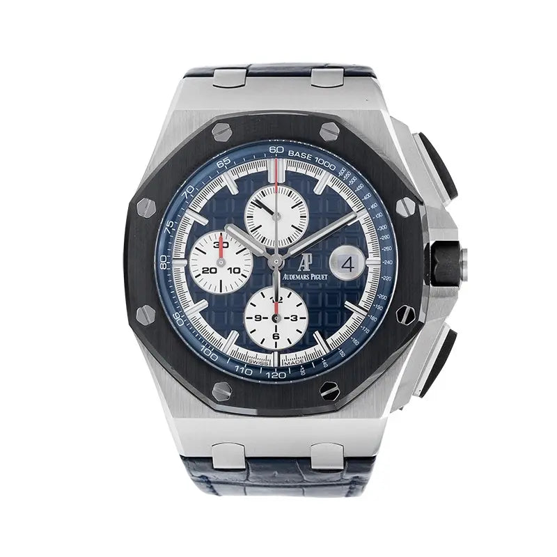 Full view of the Audemars Piguet Royal Oak Offshore 26401PO.00.A018CR.01 in platinum with blue dial, chrono subdials, and rubber strap.