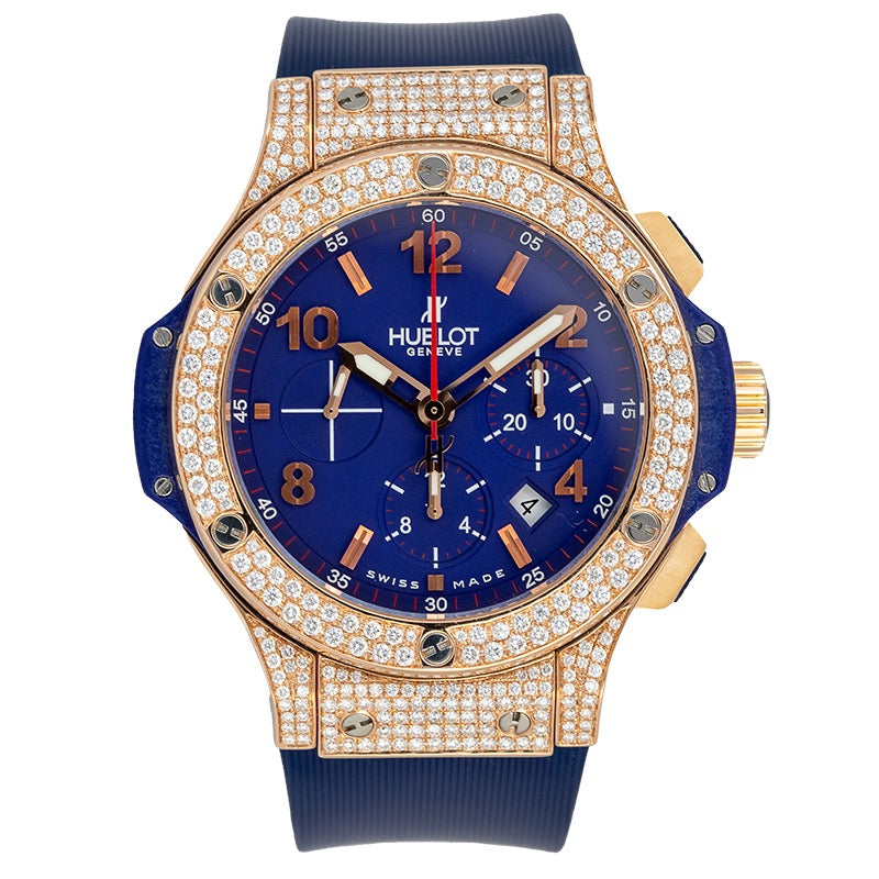 Custom Diamond Set Hublot Big Bang 44mm Rose Gold Blue Dial 301.PX.7123.RB.LBJ09