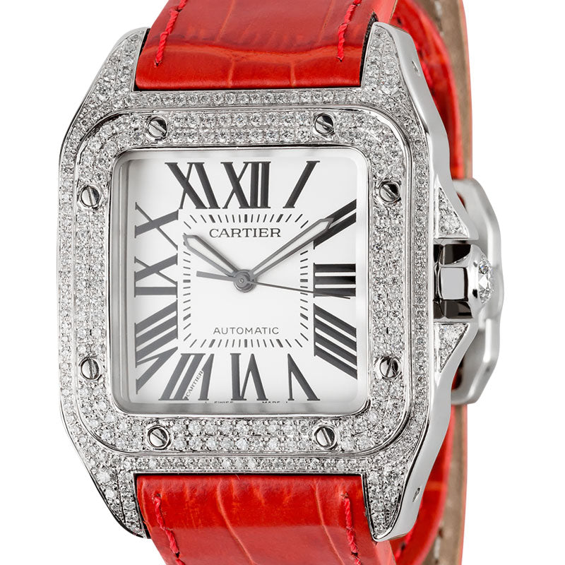 Cartier Santos 100 Large Diamond Set Red Leather Strap W20073X8