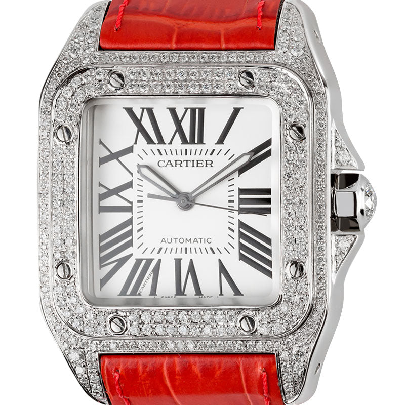 Cartier Santos 100 Large Diamond Set Red Leather Strap W20073X8