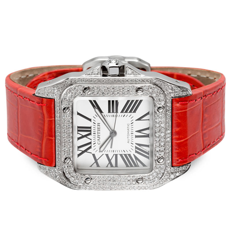 Cartier Santos 100 Large Diamond Set Red Leather Strap W20073X8