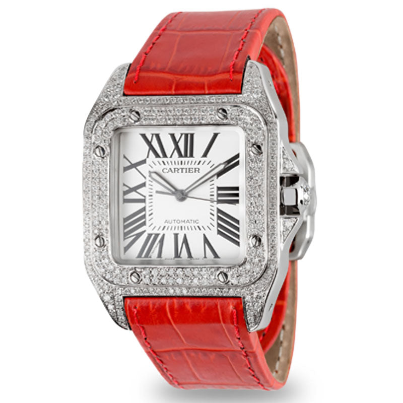 Cartier Santos 100 Large Diamond Set Red Leather Strap W20073X8