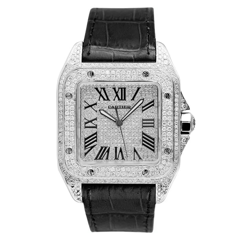 Full view of Cartier Santos 100 L Black Leather Strap W20073X8