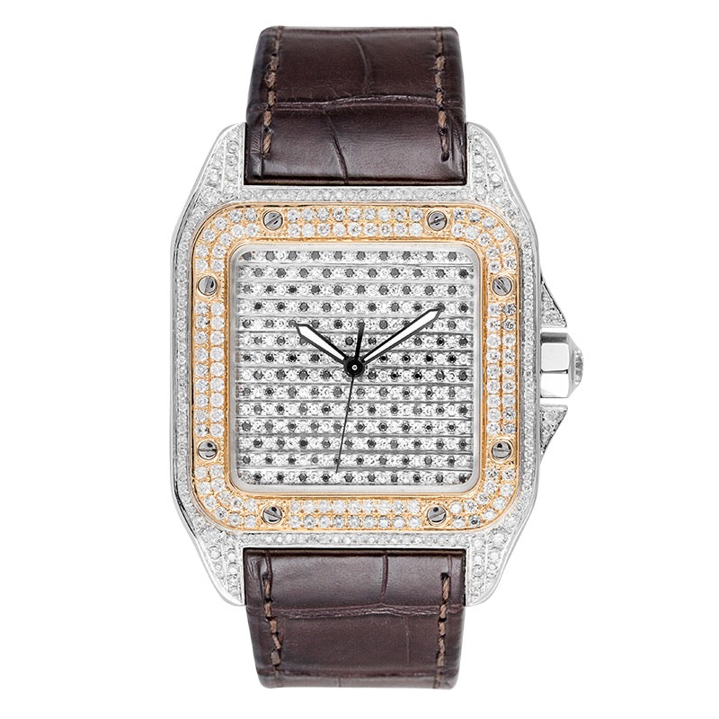Cartier Santos 100 Large Diamond Set Watch with Gold Bezel and Leather Strap W20091X7