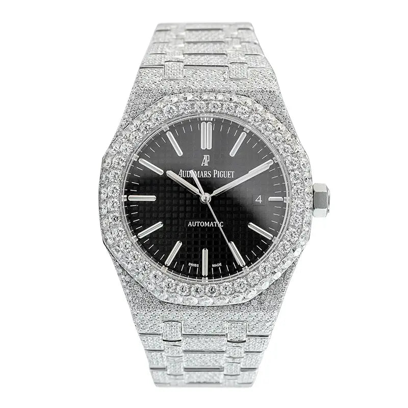 Full view of the Custom Diamond Set Audemars Piguet Royal Oak 15400ST in stainless steel with a black dial