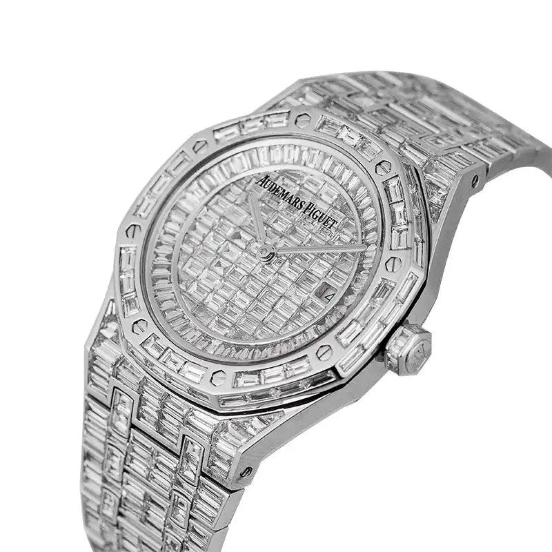 Side view - AP Royal Oak 41 baguette diamonds watch with  custom white gold case
