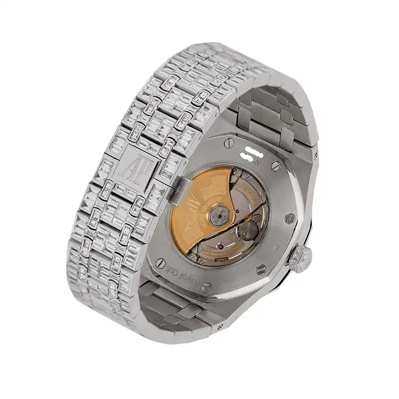 Back case view of AP Royal Oak 41 custom white gold bracelet watch