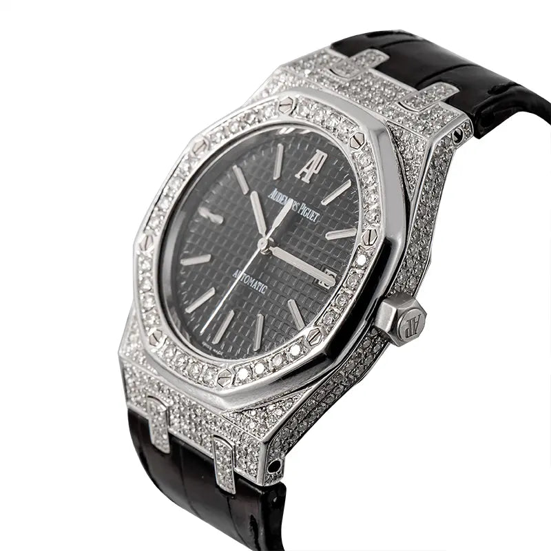 Side view of the Custom diamond-set Audemars Piguet Royal Oak 15300 with black dial, diamond bezel, and black leather strap.