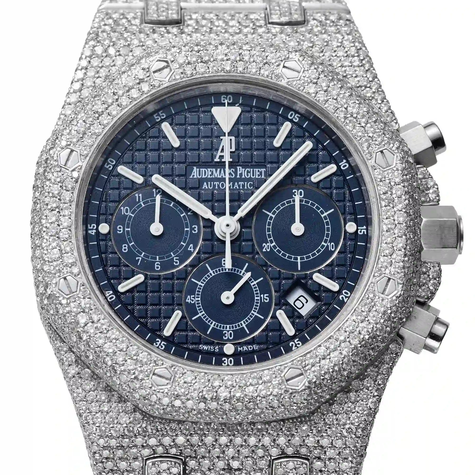 Close up of the Custom Diamond Set Audemars Piguet Royal Oak Chronograph 39mm ref 25860ST.OO.1110ST.01 with blue dial