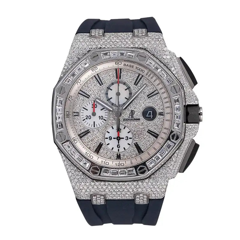 Full view of the Custom Diamond Set Audemars Piguet Royal Oak Offshore 44mm Steel Watch with blue rubber strap
