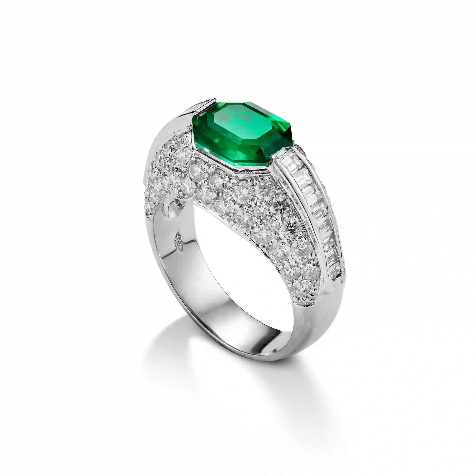 Full view - Custom Diamond Set Platinum Ring Green Gemstone