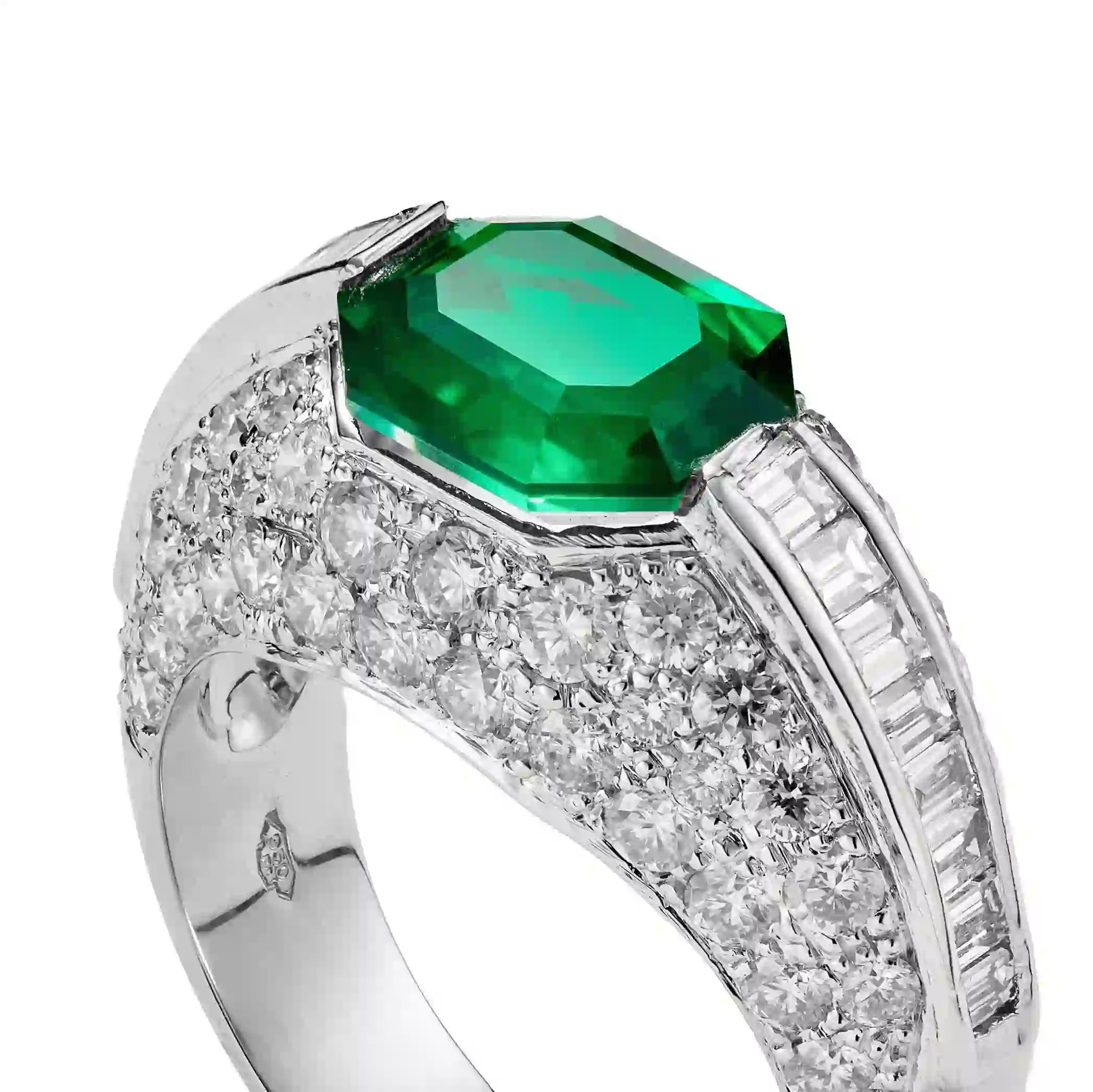 Close up - Custom Diamond Set Platinum Ring Green Gemstone