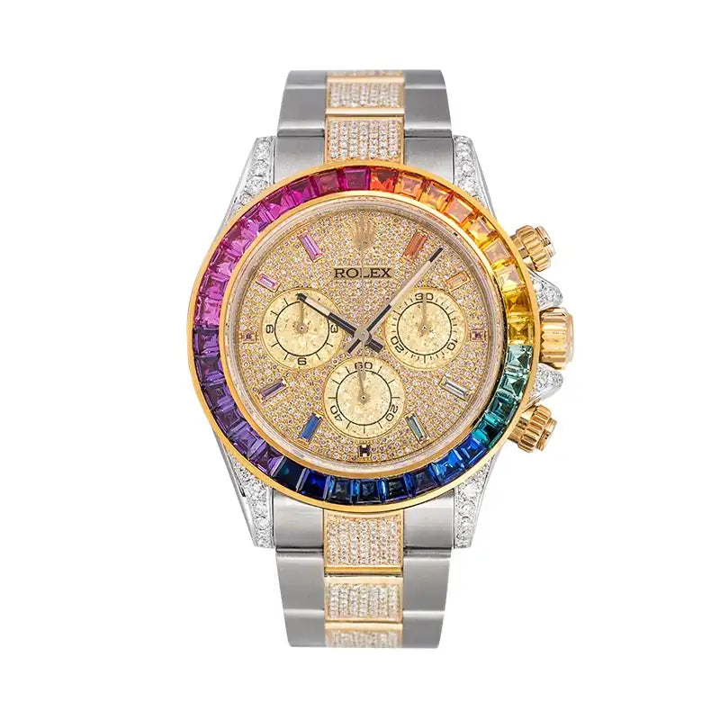 Full view - Custom Diamond Set Rainbow Rolex Daytona Steel/Yellow Gold 