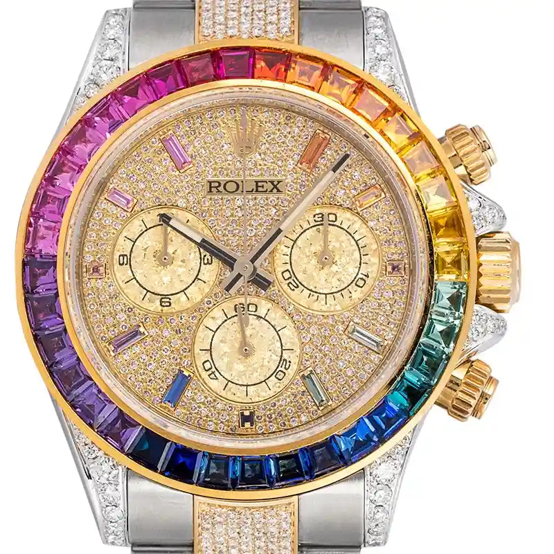 Close up - Custom Diamond Set Rainbow Rolex Daytona Steel/Yellow Gold 116523