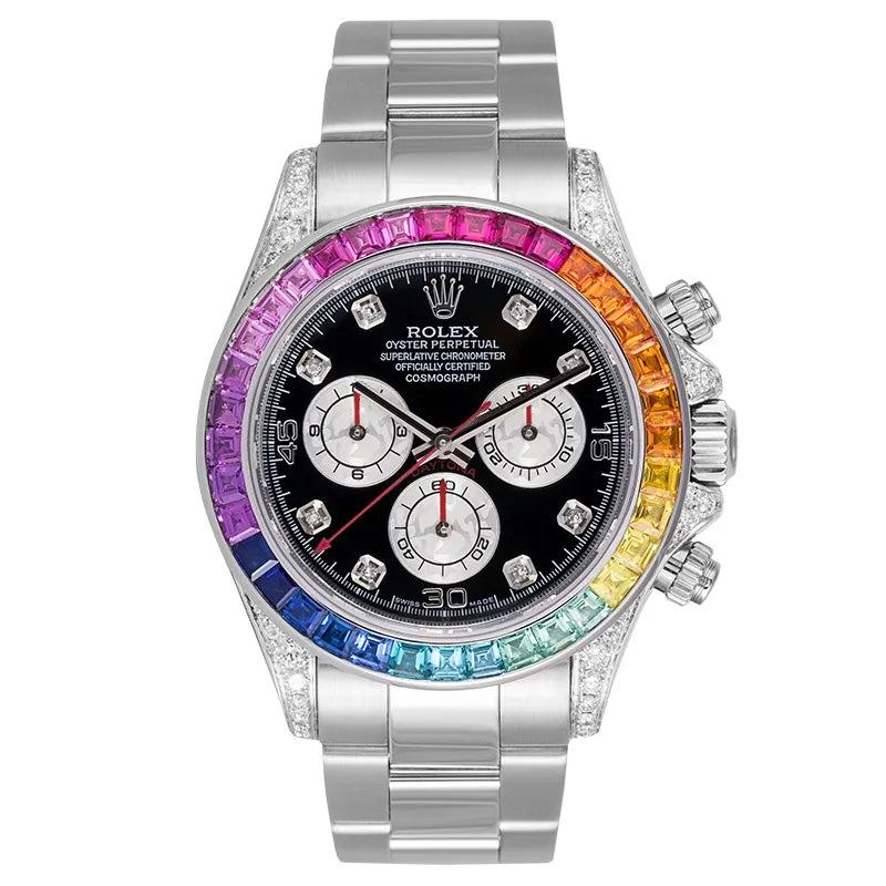 Full view - Custom Diamond Set Rainbow Rolex Daytona White Gold watch