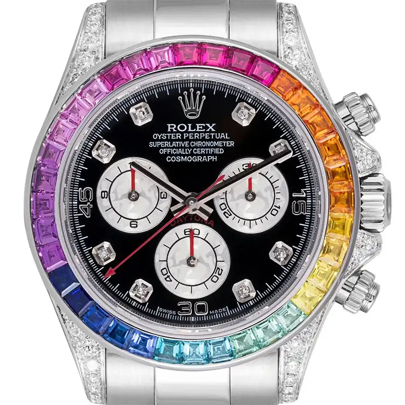 Close up - Custom Diamond Set Rainbow Rolex Daytona White Gold watch