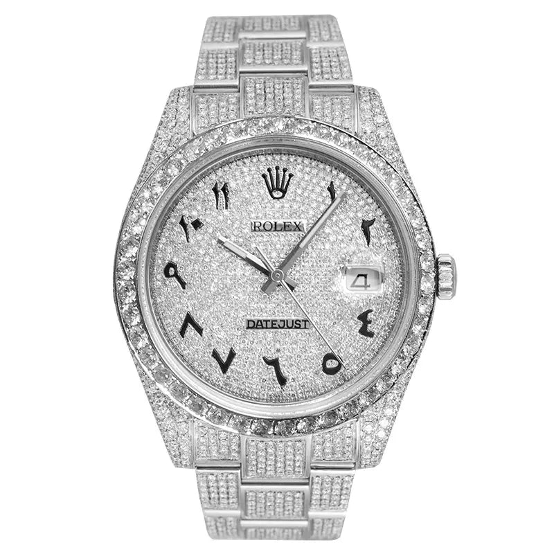 Full view of Rolex 116300 customised fitting diamonds with automatic movement