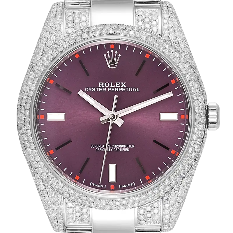 Close up - Custom Diamond Set Rolex Oyster Perpetual 39 Stainless Steel Red Grape 114300