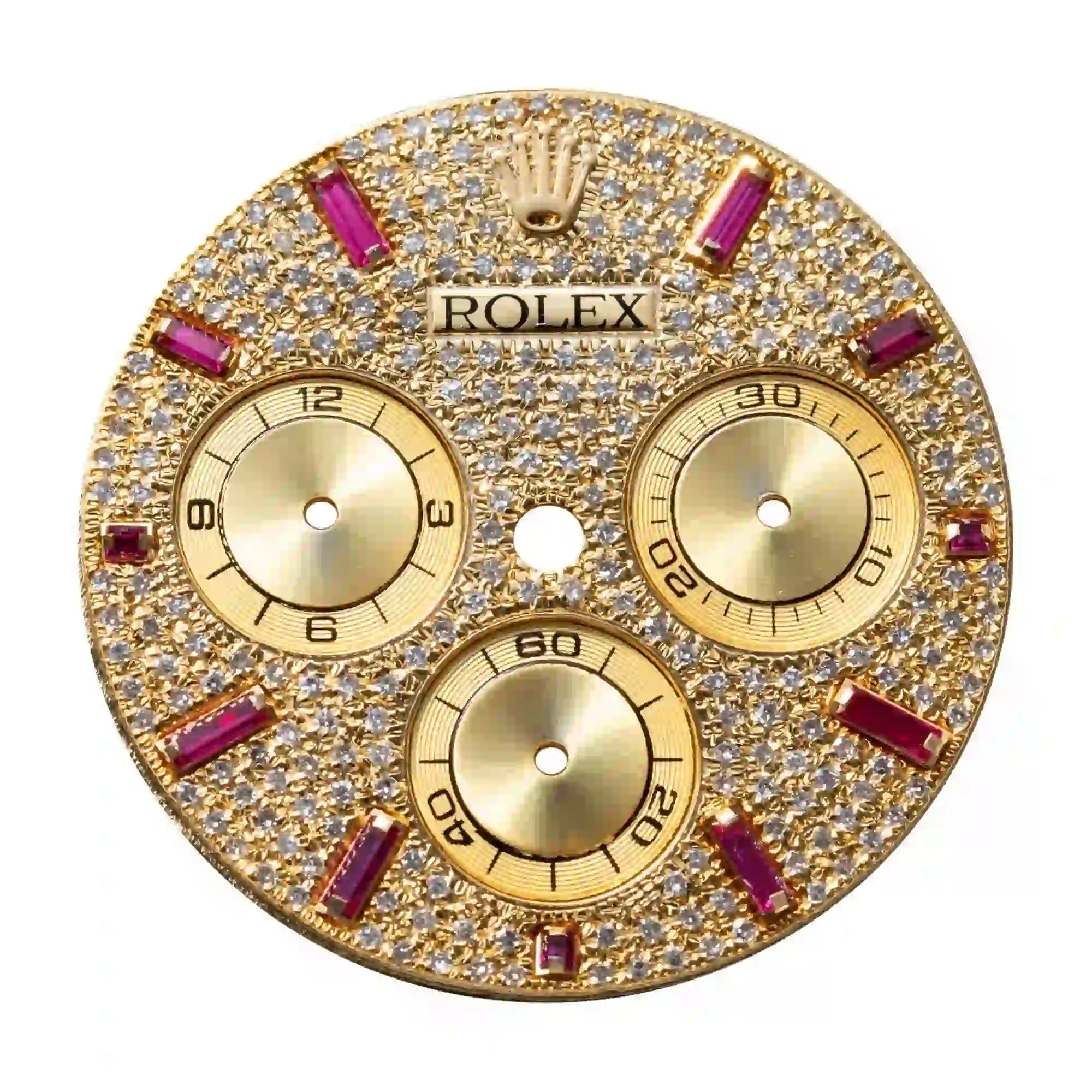 Full view - Custom Yellow Gold Diamond Set Ruby Dial Rolex Daytona