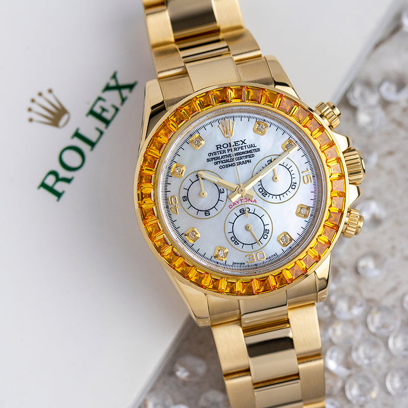 Rolex Daytona 18ct Yellow Gold with Custom Orange Bezel and Custom MOP Dial 116508