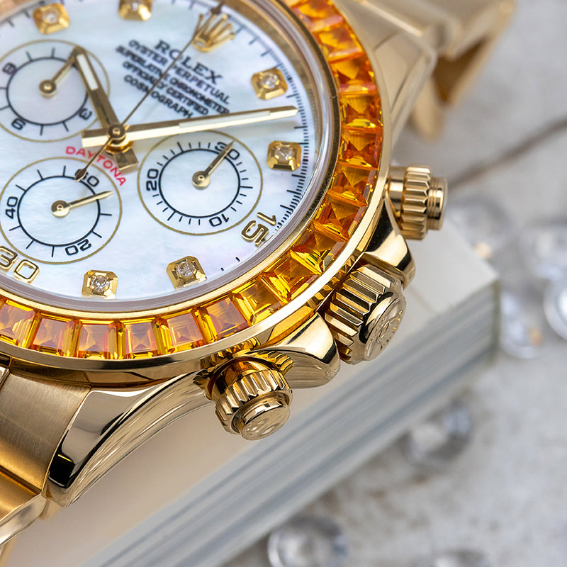 Rolex Daytona 18ct Yellow Gold with Custom Orange Bezel and Custom MOP Dial 116508