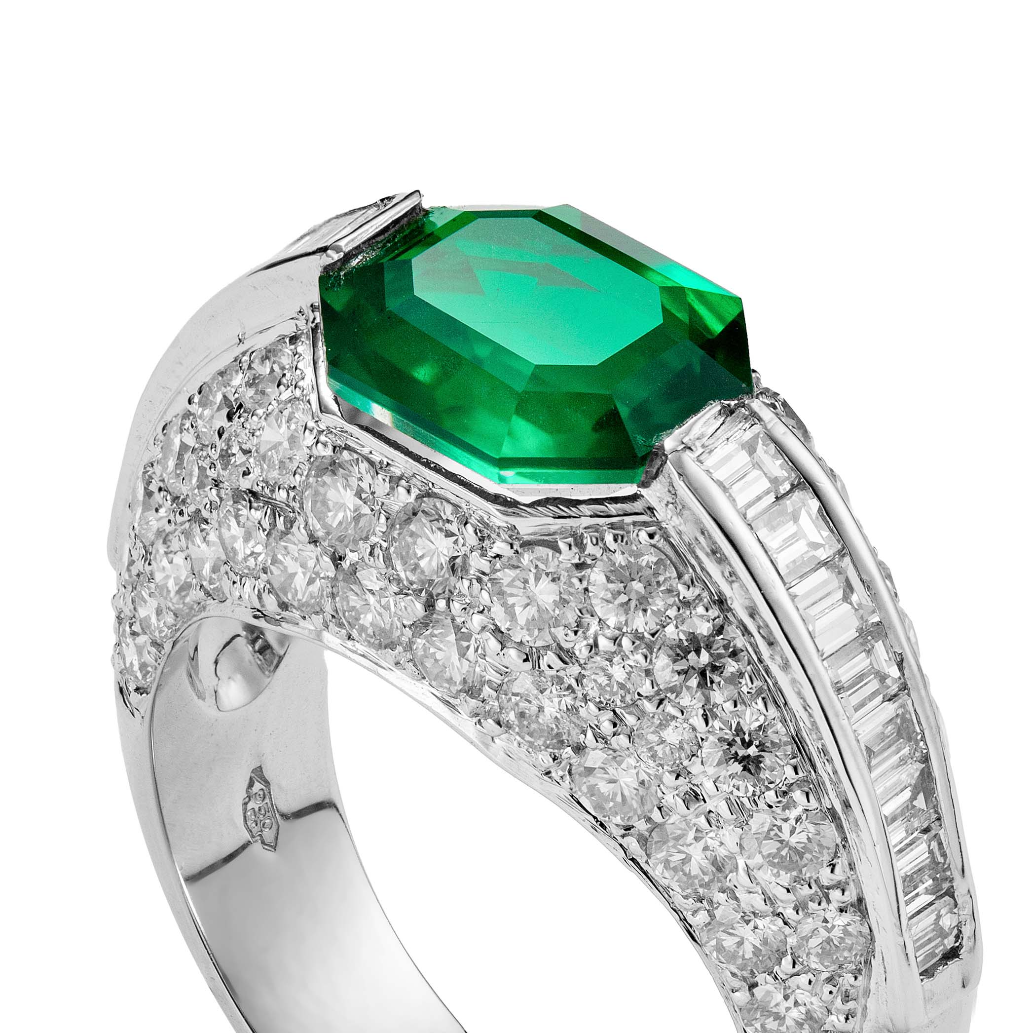 Custom Diamond Set Platinum Ring Green Gemstone