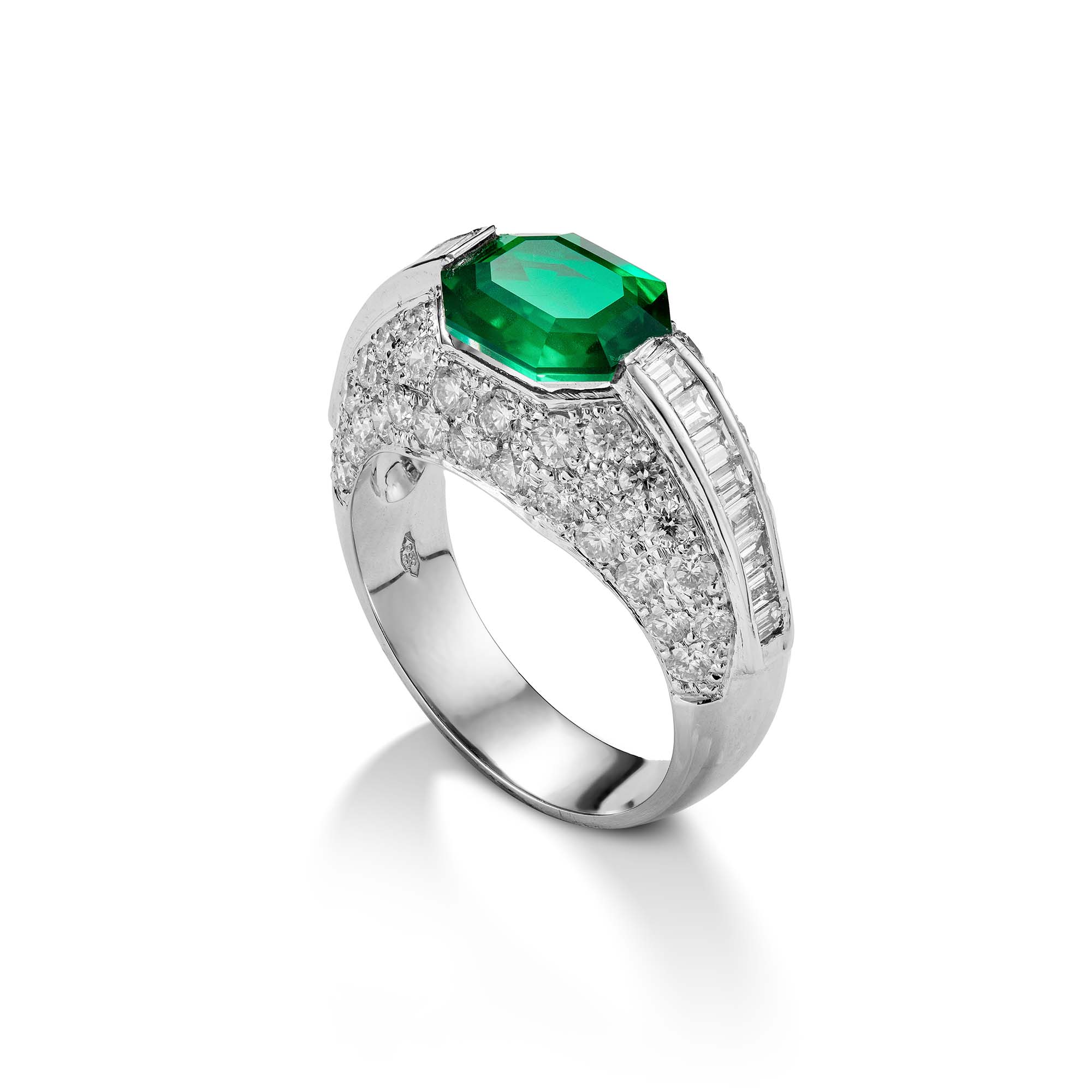 Custom Diamond Set Platinum Ring Green Gemstone