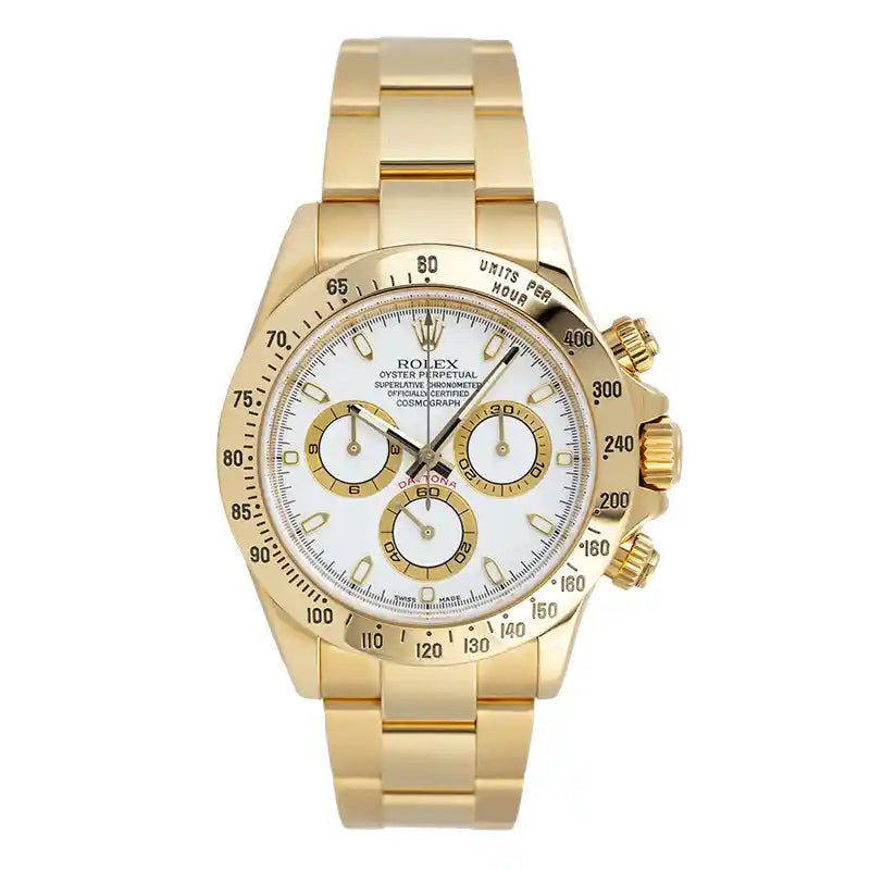 Full view of Pre-Owned Rolex Daytona 18ct Yellow Gold White Dial 