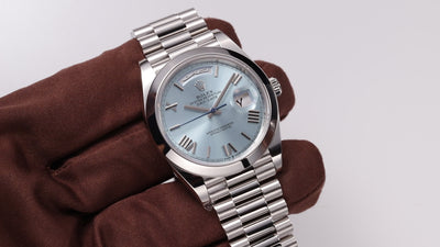 Preview video - Rolex Day-Date 40 228206 in platinum, ice-blue Roman dial with President bracelet.