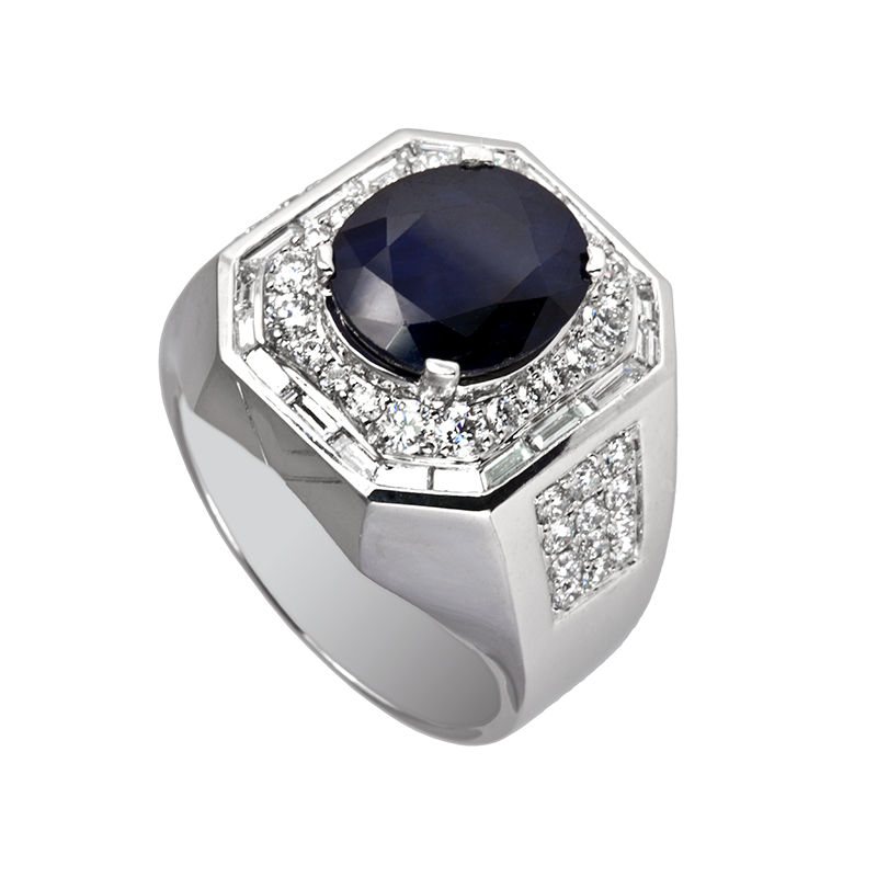 Time4Diamonds Mens White Gold Ring with Blue Center Stone