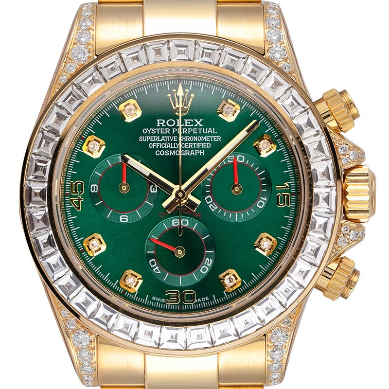 Custom Diamond Set Rolex Daytona 116508 Yellow Gold Custom Green Dial