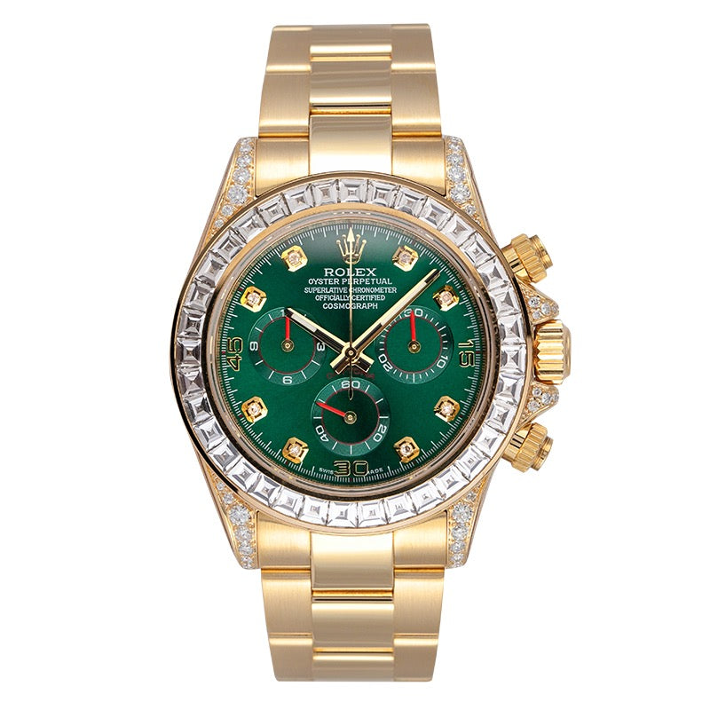 Custom Diamond Set Rolex Daytona 116508 Yellow Gold Custom Green Dial