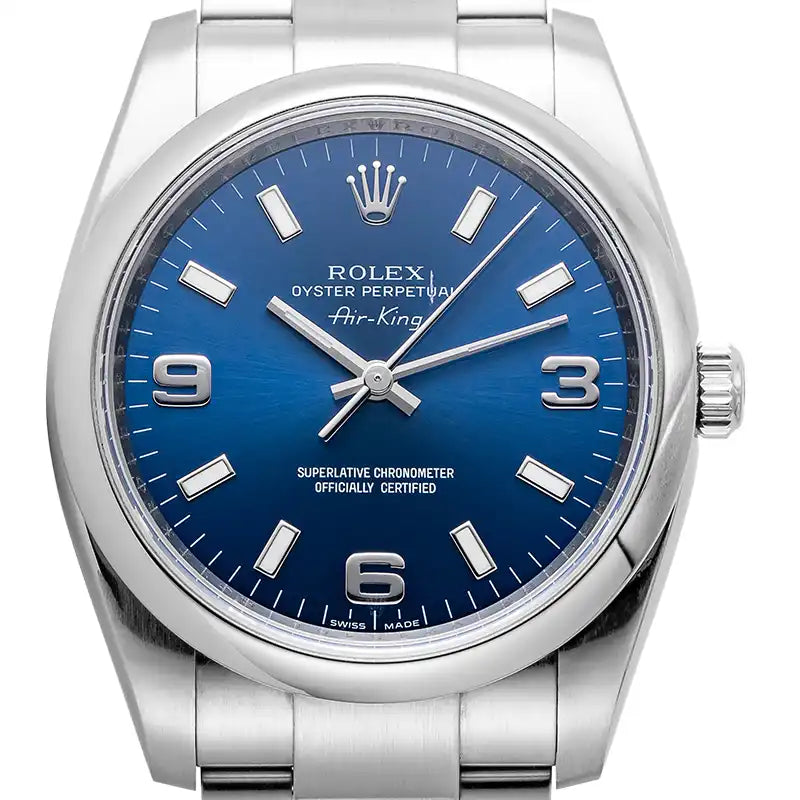 Close up of the Rolex Air-King 34mm in stainless steel with Blue Dial ref. 114200