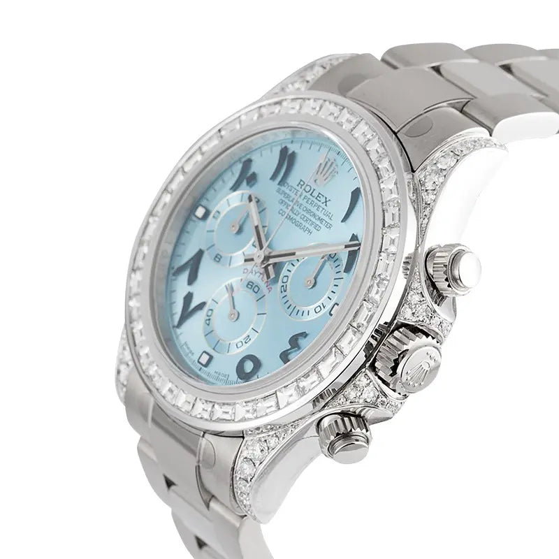 Side view of Rolex 116509 custom bezel set with baguette-cut diamonds