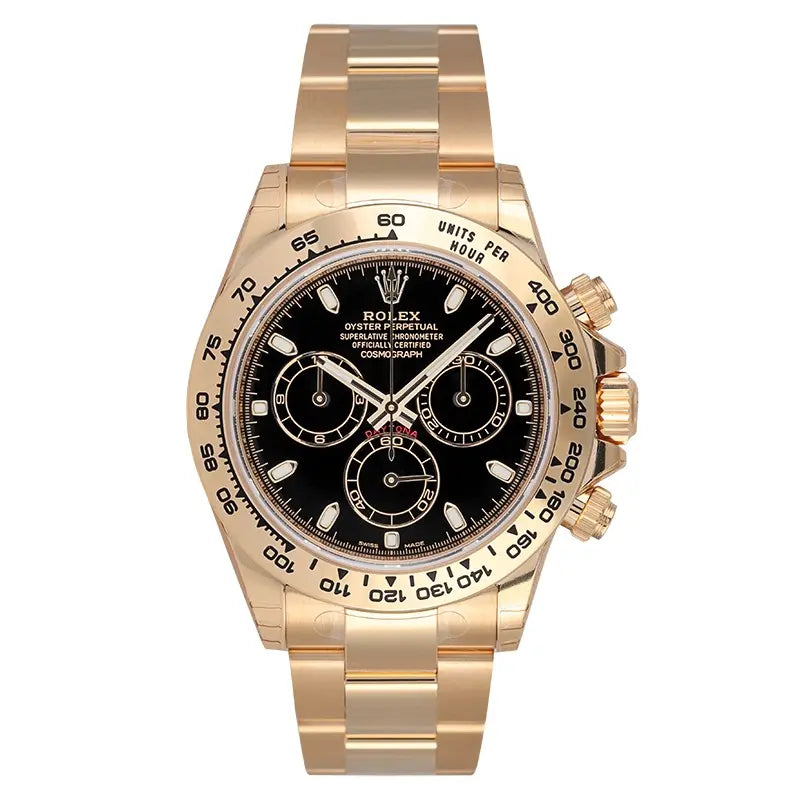 Full view of  Rolex Cosmograph Daytona 18ct Yellow Gold Black Dial