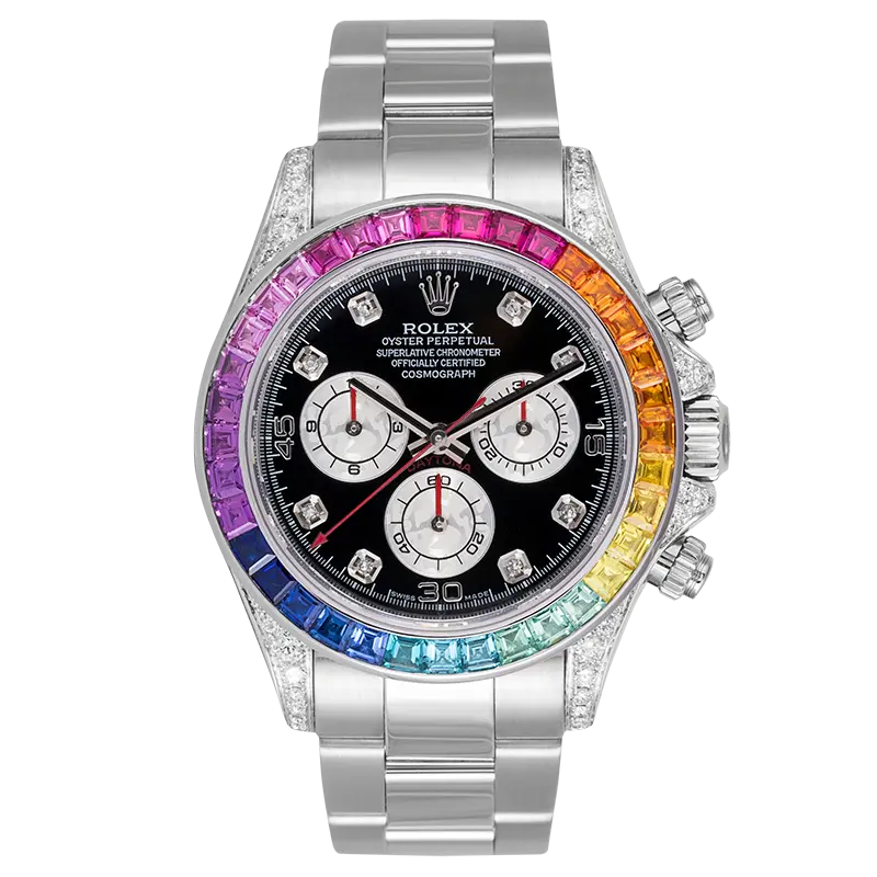 Full view of Rolex 116520 custom baguette cut rainbow precious stones bezel