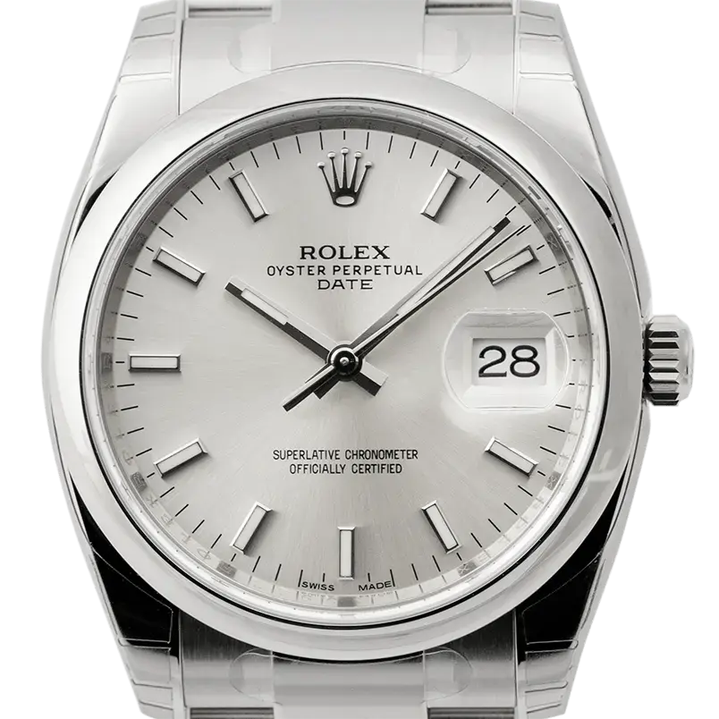 Rolex Date 34mm Stainless Steel Silver Index Oyster 115200