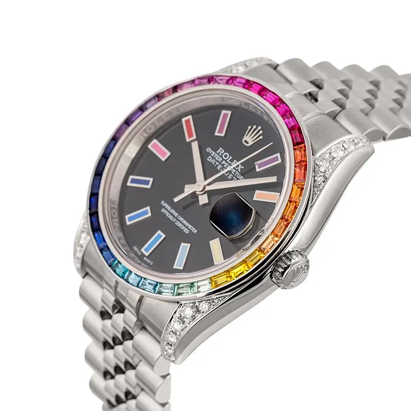 Side view of Rolex Datejust 116200 custom black dial with rainbow hour markers