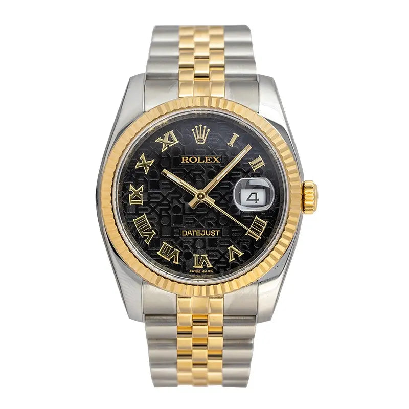 Full view of Datejust 116233 jubilee design dial with gold applied roman numerals