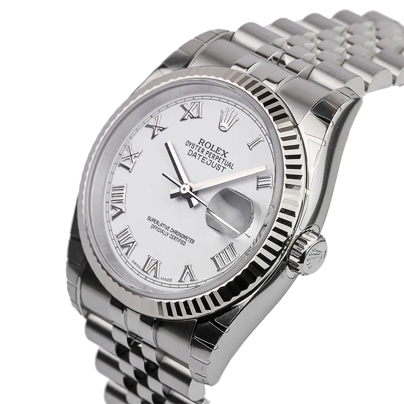 Side view of DateJust 116234 steel/white gold case with automatic movement