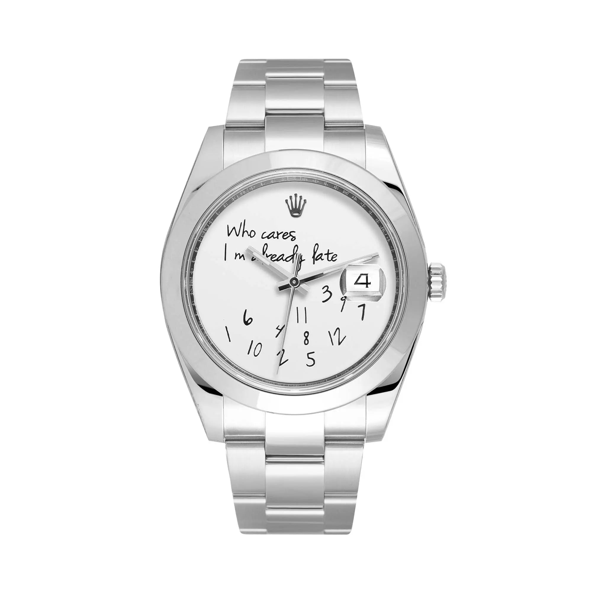 Full view of Datejust 126300 white dial with who cares I'm already late text