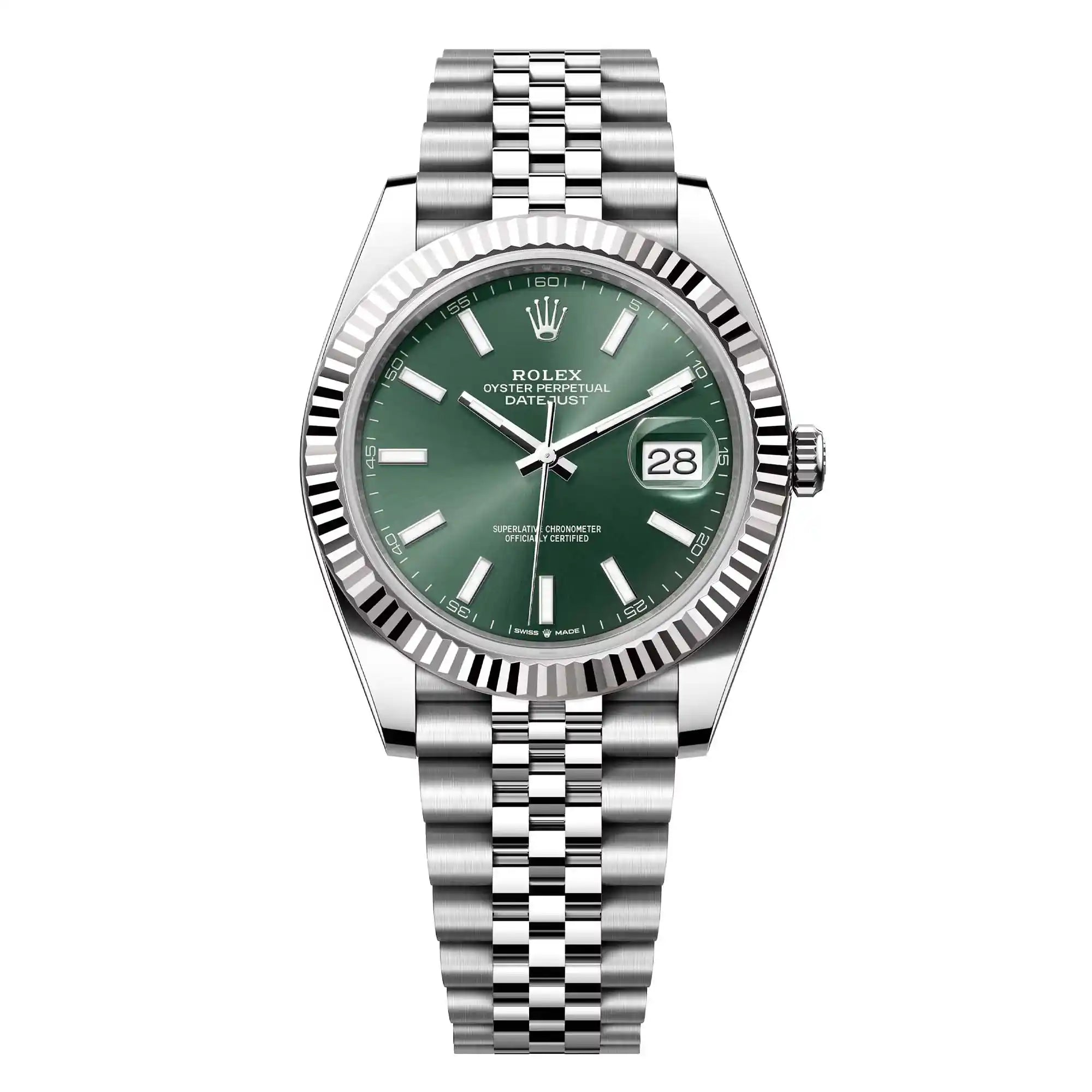 Full view of Rolex Datejust 41 Oystersteel and white gold Green Dial 126334