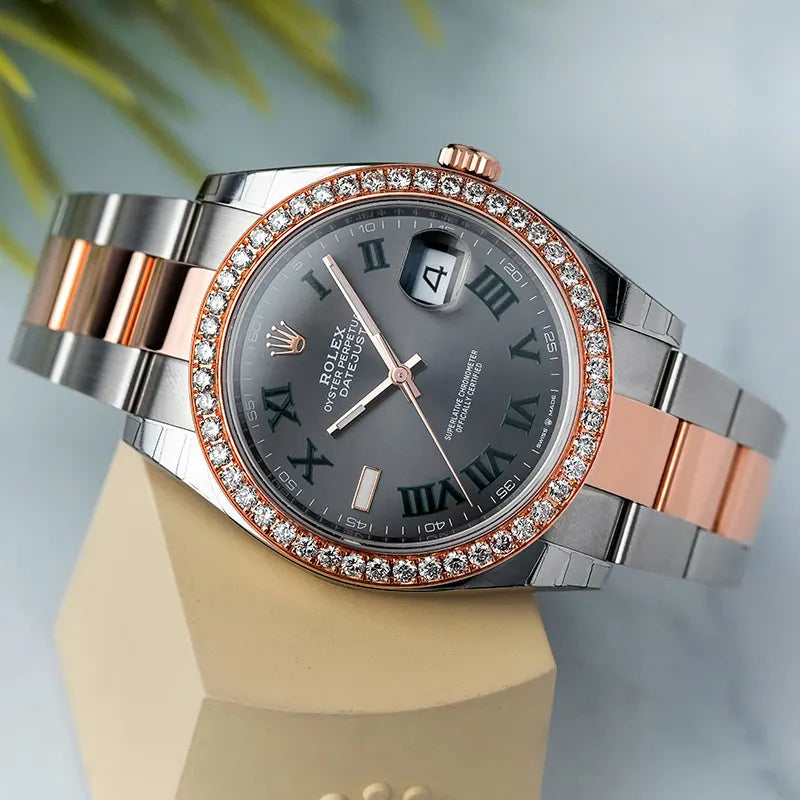 Side view of Rolex DateJust 41 Steel and Rose Gold Slate Dial Custom Bezel 126301