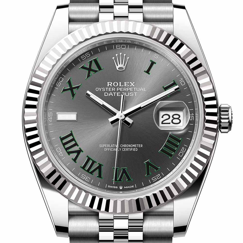 close up of the rolex datejust 41 in steel with grey wimbledon dial and fluted bezel
