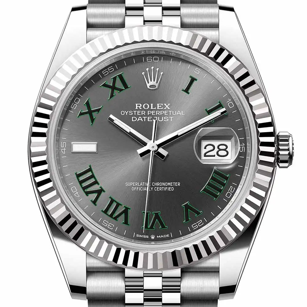 Close up of rolex datejust 41 in steel with grey dial, fluted bezel and jubilee bracelet