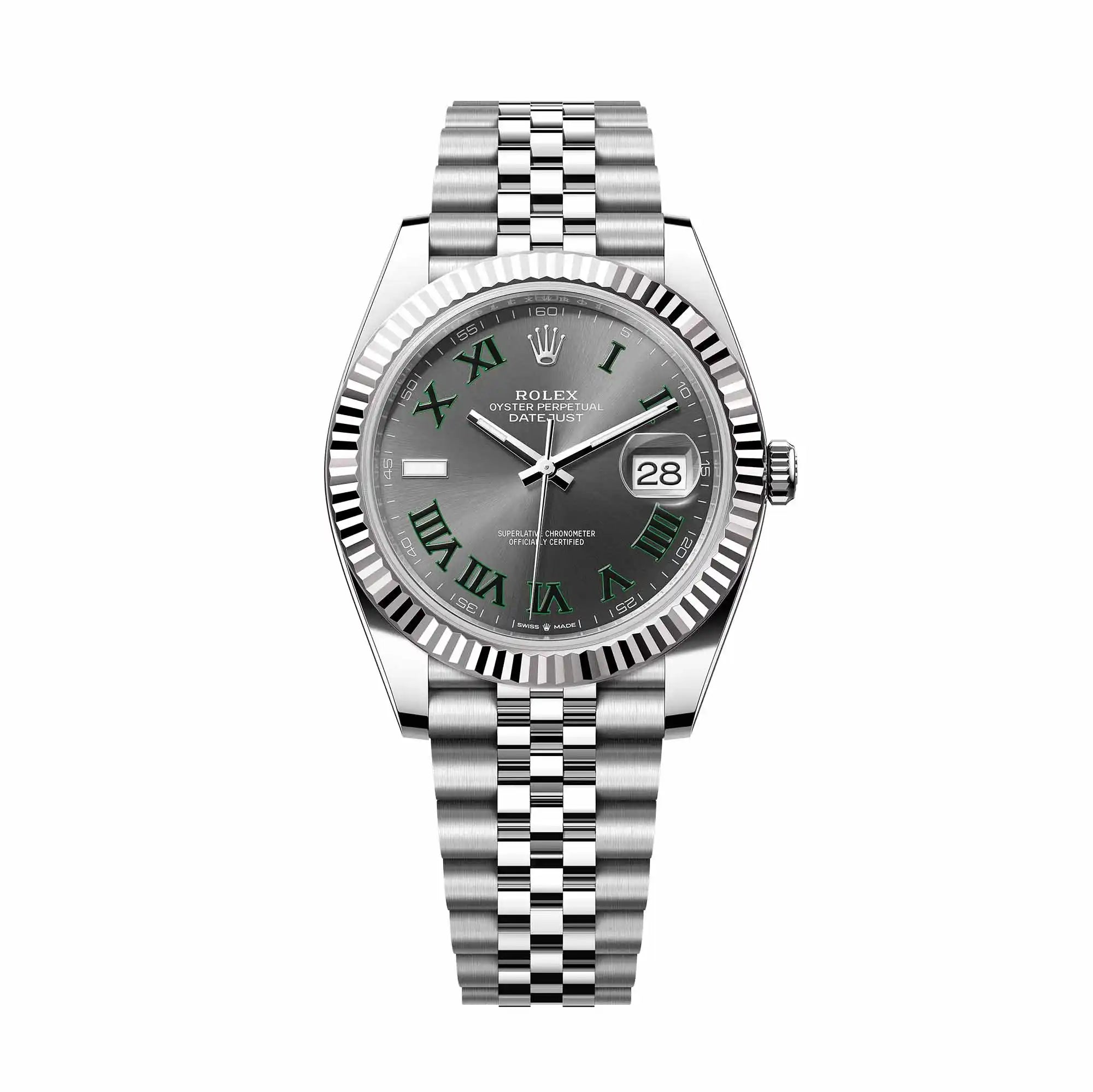 full view of the rolex datejust 41 in steel with grey dial, fluted bezel and jubilee bracelet
