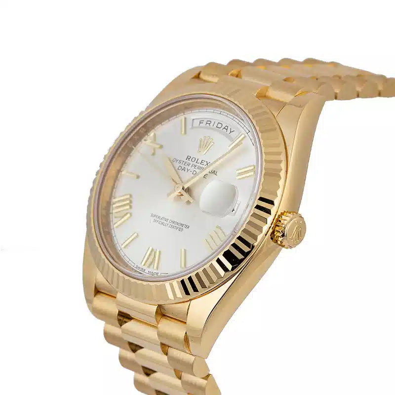 Side view - Rolex Day-Date 40 18ct Yellow Gold Silver/Roman Dial 228238 