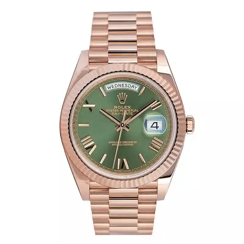 Rolex Day-Date 40 Everose Gold Olive Green/Roman President 228235